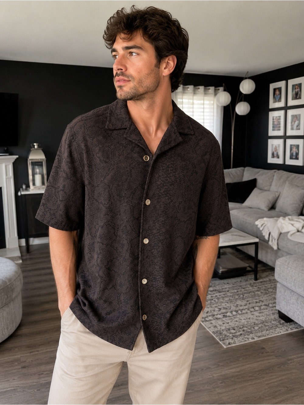 NWT River Island Brown Snake Print Textured Button-Up Camp Shirt Medium